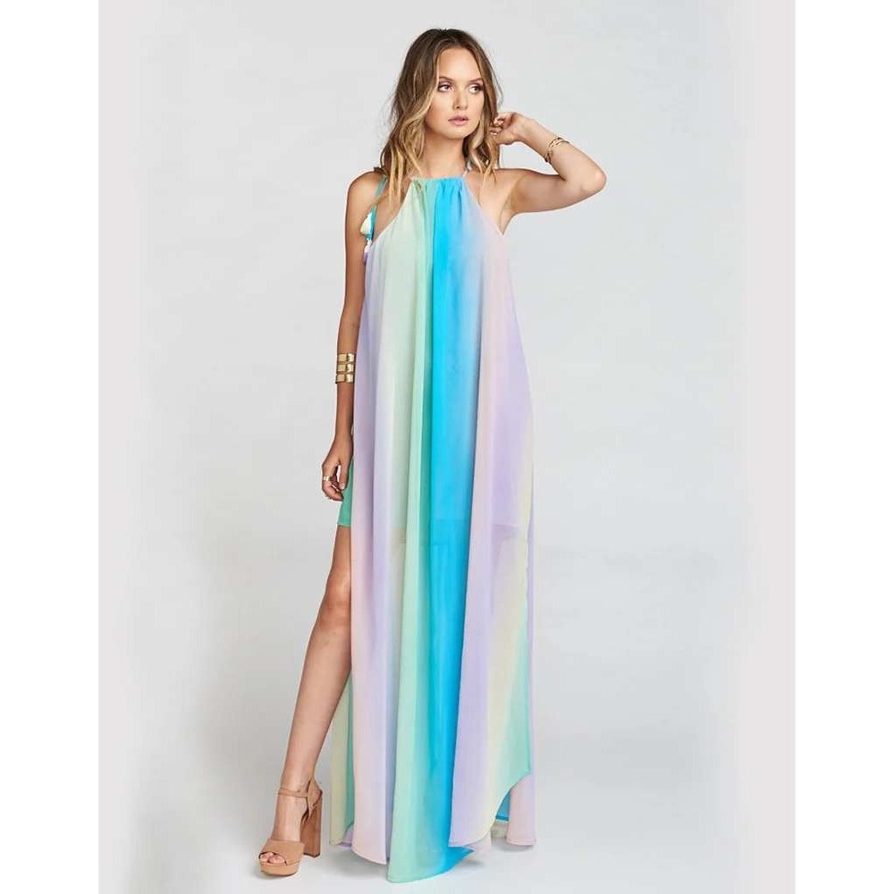 Show Me Your Mumu Rochester Maxi Dress Rainbow Ombre Halter Sheer Side Slits M